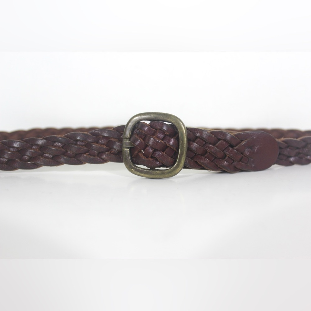 Vintage Woven or Braided Reddish Brown Leather Belt with a Brass Buckle Narrow